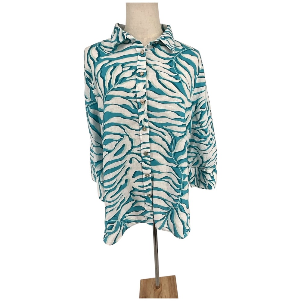 Chicos Linen Blend Tropical Leaf Print‎ Button Down Shirt Women 2.5 14 Luxury